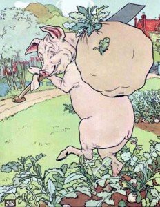 Pig with bag of turnips